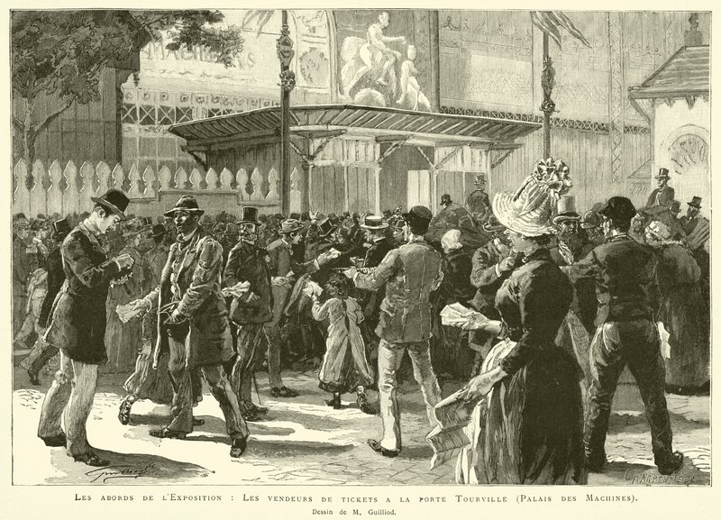 Udstillingens omgivelser, Billetsælgerne ved Tourville-porten, Palais des Machines, Tegning af M Guilliod (gravering) af French School
