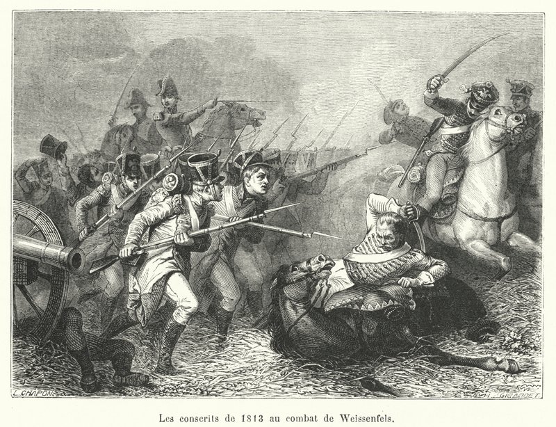 De værnepligtige fra 1813 i slaget ved Weissenfels (stik) af French School