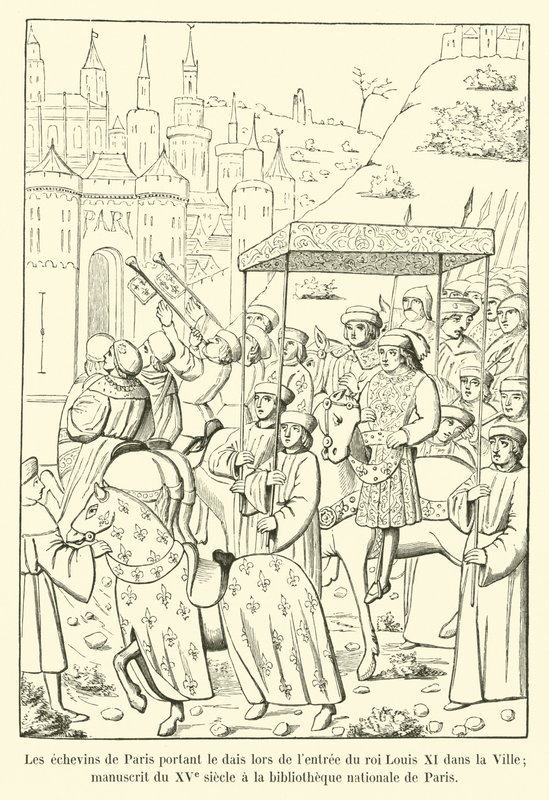 Rådmændene i Paris, der bar podiet, da kong Ludvig XI trådte ind i byen; 15. århundredes manuskript i Nationalbiblioteket i Paris af French School