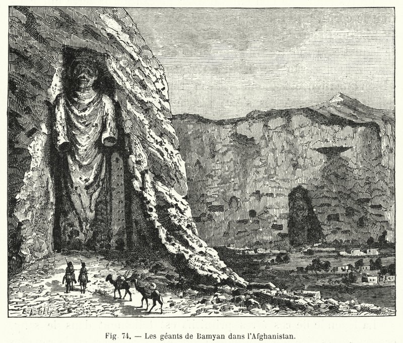 Bamiyan-giganterne i Afghanistan (gravering) af French School