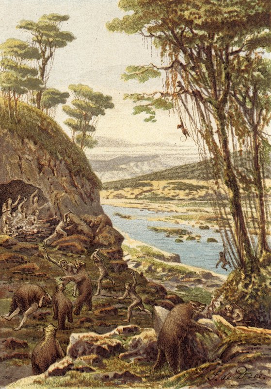 Menneskehedens første tidsaldre, hulebjørnens tidsalder (farvelitografi) af French School