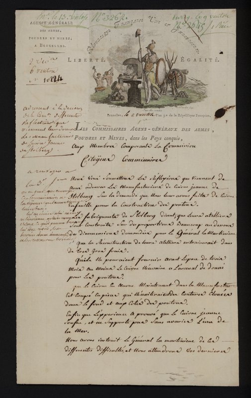 Brev fra Agence Generale des Armes, Poudres et Mines, Bruxelles, efter at det sydlige Holland blev annekteret af Frankrig af French School