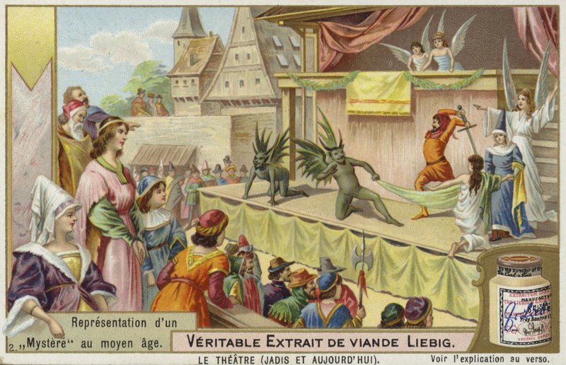 Liebig-kort med en repræsentation af et middelaldermysterium af French School
