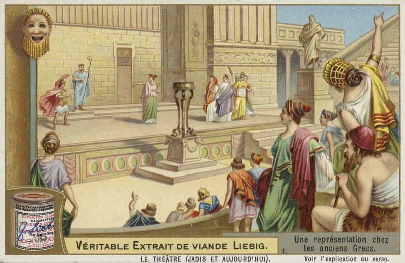 Liebig-kort med en repræsentation af oldgræsk teater af French School