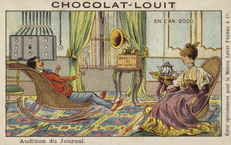 Lytte til nyhederne via fonograf i år 2000 af French School