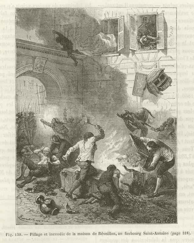 Plyndringer og afbrænding af et hus under den franske revolution af French School