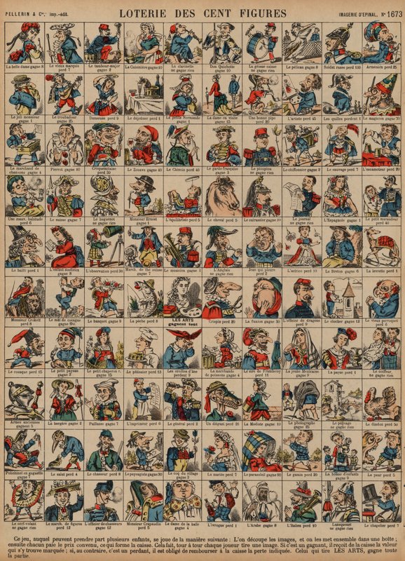 Lotteri på hundrede figurer (farvet gravering) af French School