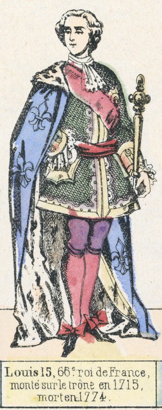 Ludvig 15, 66. konge af Frankrig, besteg tronen i 1715, døde i 1774 (farvestik) af French School