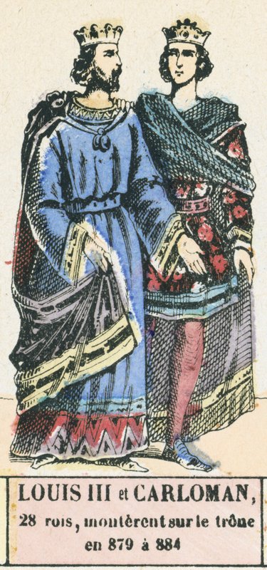 Ludvig III og Carloman, 28 konger, besteg tronen i 879 til 884 (farvet indgravering) af French School