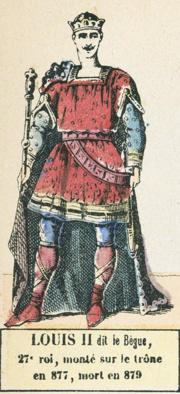 Louis II dit le Begue, 27. konge, besteg tronen i 877, døde i 879 (farvegravering) af French School