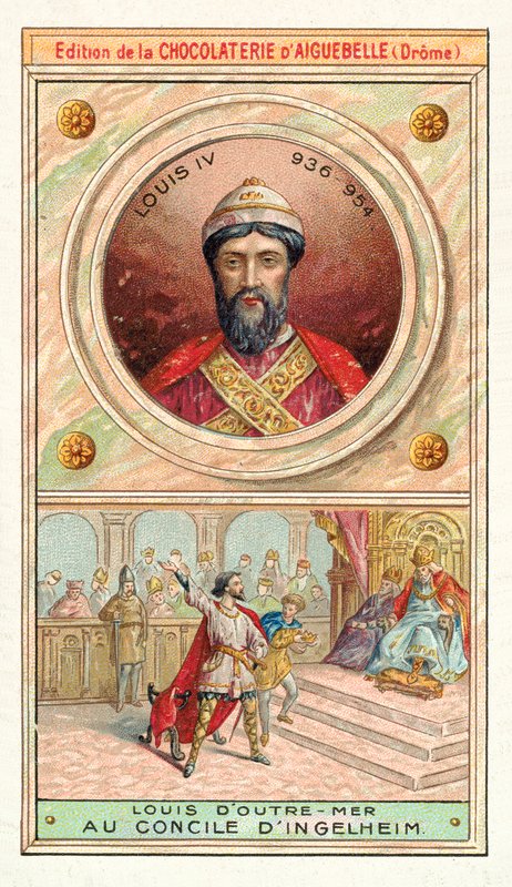 Ludvig IV af Frankrig ved koncilet i Ingelheim, 948 (chromolitho) af French School