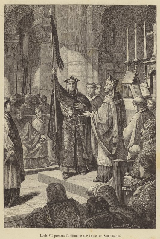 Louis VII tager banneret fra Saint-Denis alter (gravering) af French School