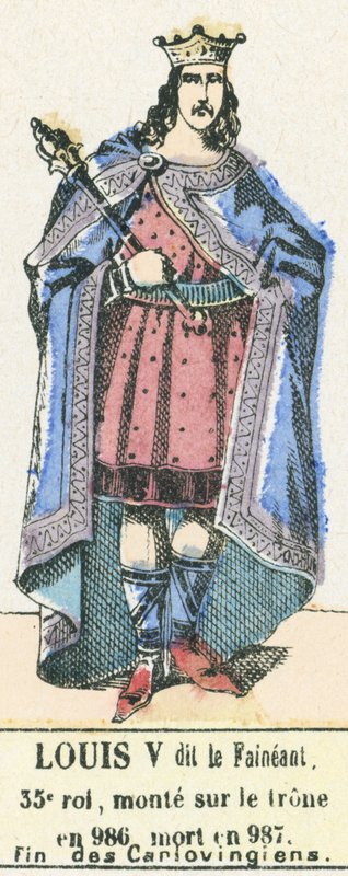 Louis V dit le Faineant, 35. konge, besteg tronen i 986, døde i 987, Karlovingernes ende (farvestik) af French School