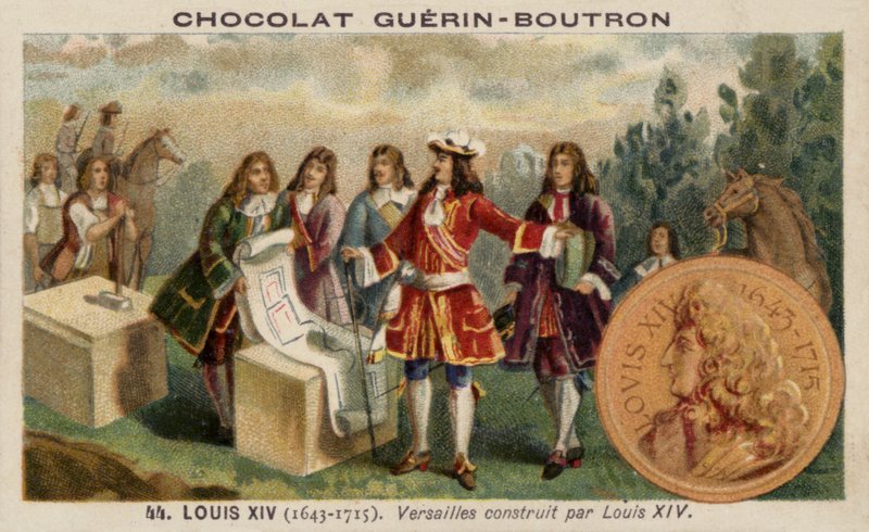 Ludvig XIV af Frankrig fører tilsyn med opførelsen af Versailles-slottet (chromolitho) af French School