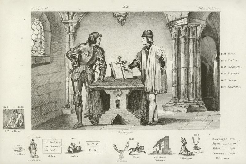 Louis XI of France held captive by Charles the Bold of Burgundy at Peronne, 1468  af French School
