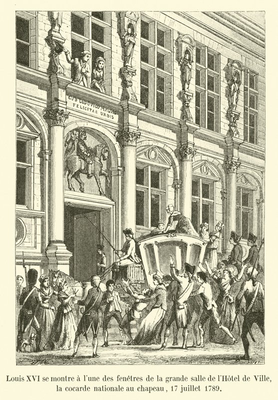 Ludvig XVI viser sig selv ved et af vinduerne i den store sal i Hôtel de Ville, den nationale kokarde på sin hat, 17. juli 1789 af French School