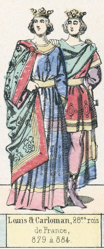 Louis og Carloman, 28. konger af Frankrig, 879 til 884 (farvegravering) af French School