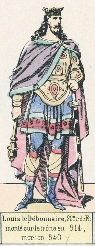 Louis le Debonnaire, 22. konge af Frankrig, besteg tronen i 814, døde i 840 (farvegravering) af French School