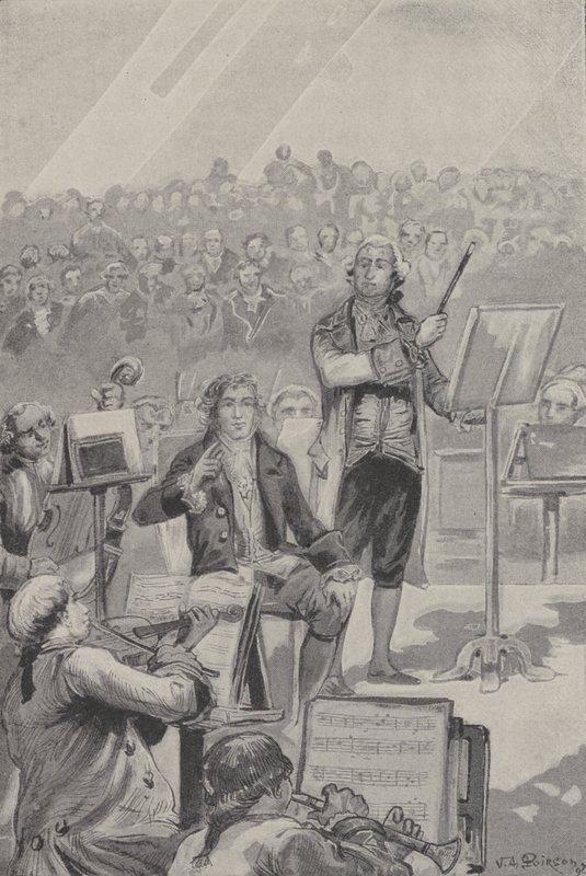 Ludwig van Beethoven dirigerer et orkester på trods af sin døvhed (gravering) af French School