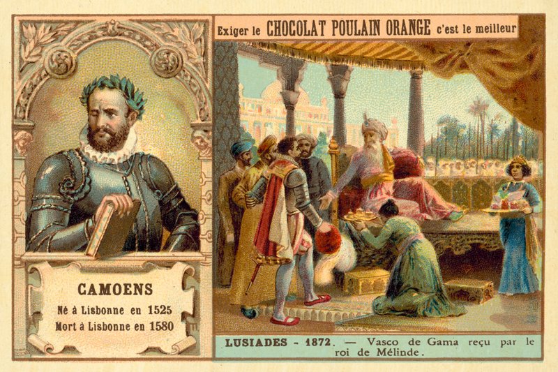 Luis de Camoes, portugisisk digter, og en scene fra hans digt The Lusiads, der viser Vasco da Gama blive modtaget af kongen af Malindi (chromolitho) af French School