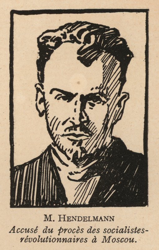 M I Gendelman, russisk socialistrevolutionær politiker, som var en af de anklagede i Moskvaprocessen mod socialistrevolutionærer i 1922, den første sovjetiske skueproces (litografi). af French School
