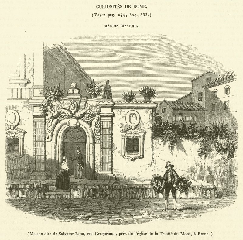 Hus kaldet Salvator Rosa, Gregoriana Street, nær Bjergets Treenighedskirke, i Rom (gravering) af French School