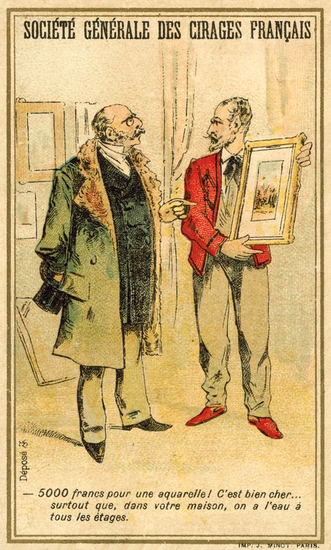 Mand prutter om prisen på en akvarel med en kunstner (chromolitho) af French School