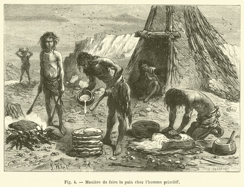 Måde at lave brød på i primitiv mand (gravering) af French School