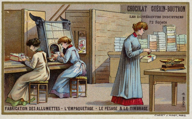 Fremstilling af tændstikker. Pakning, vejning og stempling (chromolitho) af French School