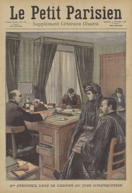 Marguerite Steinheil på dommerens kontor (farve litho) af French School