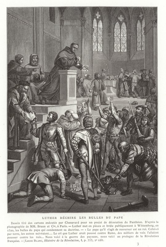 Martin Luther river pavelige tyre op, Wittenberg, Tyskland, 1520 af French School