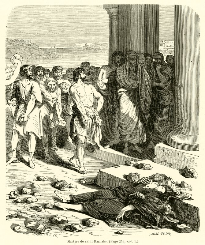 Sankt Barnabas martyrium (gravering) af French School