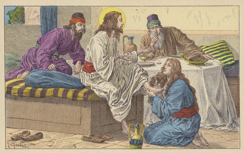 Maria Magdalene ved Jesu fødder (farve litho) af French School