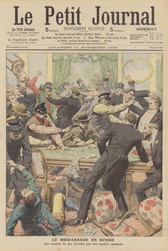 Maskerede røvere raiderer en spillevirksomhed i Rusland (farve litho) af French School