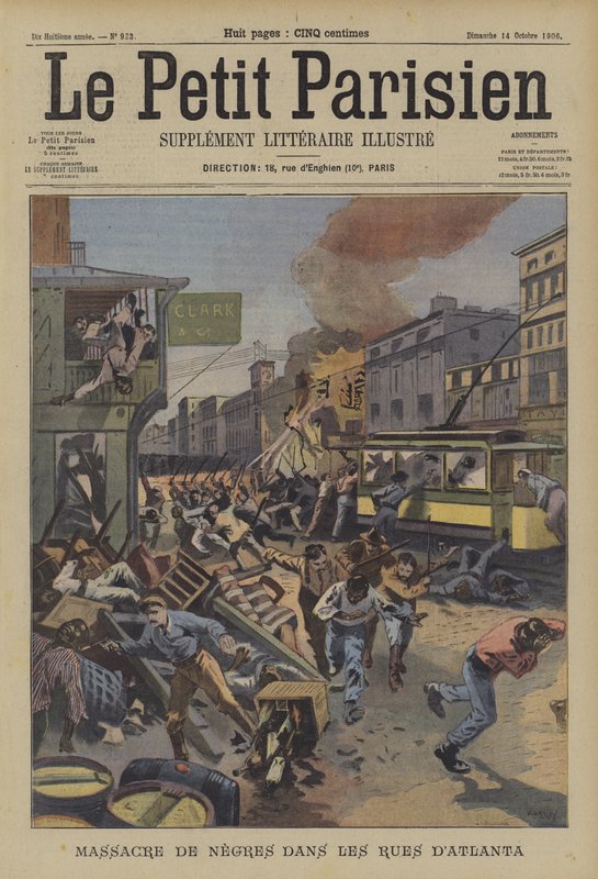 Massakre af sorte mennesker på gaderne i Atlanta, Georgia (farve litho) af French School