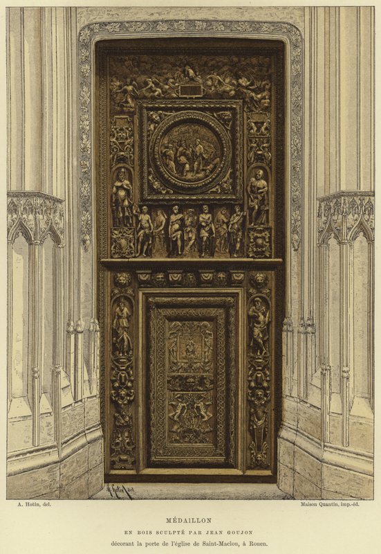 Medaljon i træ udskåret af Jean Goujon i døren til kirken Saint-Maclou, Rouen af French School