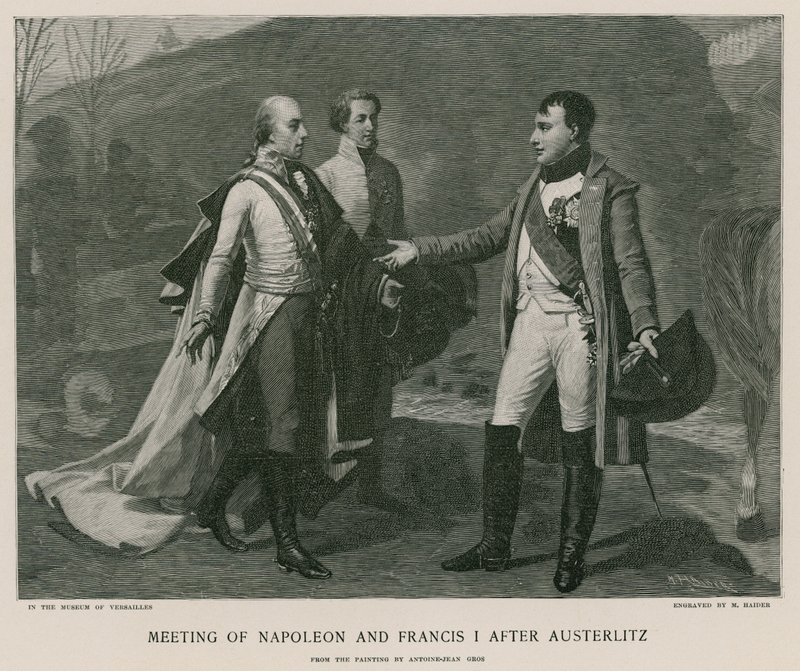 Møde mellem Napoleon og Frans I efter Austerlitz af French School