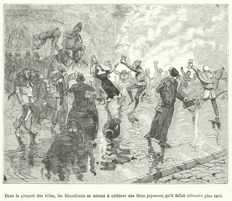 Medlemmer af Basaoche, et laug af advokatfuldmægtige, der fejrer en festival på gaden i en fransk middelalderby (gravering) af French School