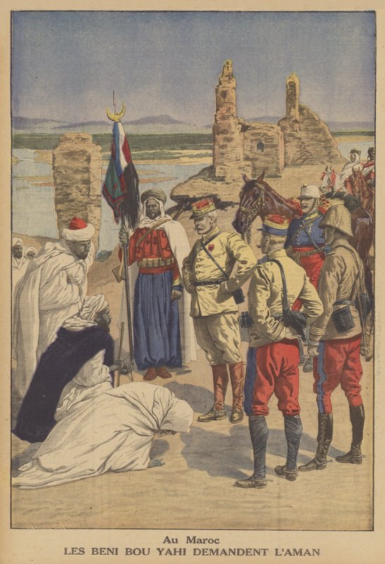 Medlemmer af Beni Bou Yahi-stammen beder om benådning for angreb på en fransk konvoj i Marokko (farve litho) af French School