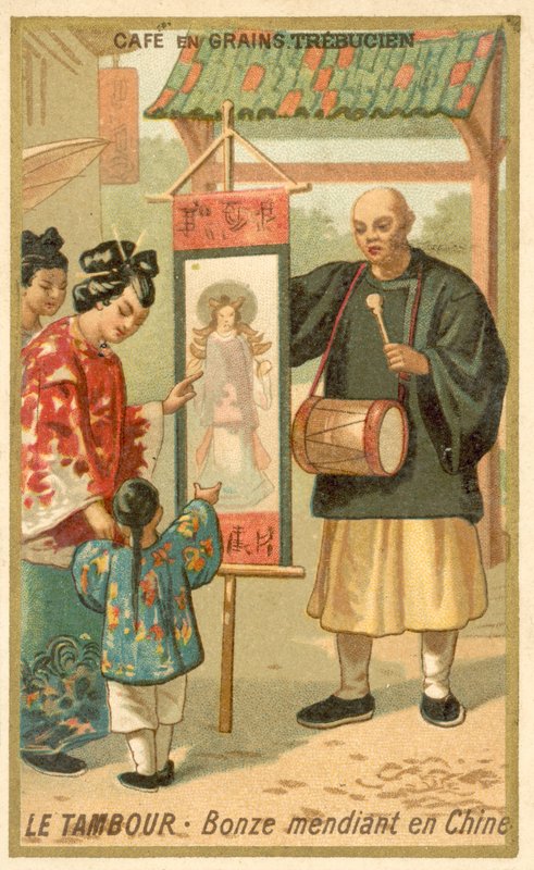 Troldmandsmunk med en tromme, Kina (chromolitho) af French School