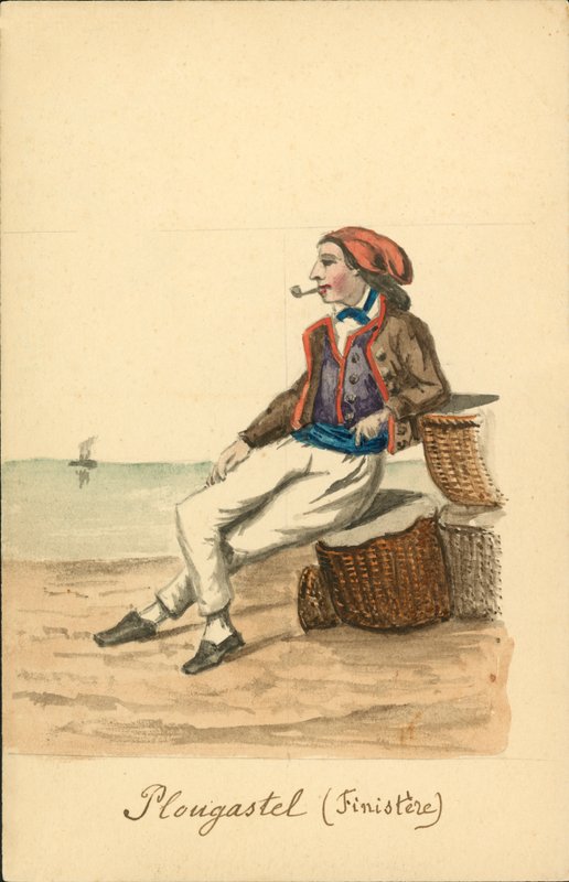 Herredragt fra Plougastel, Finistere (farvelitografi) af French School