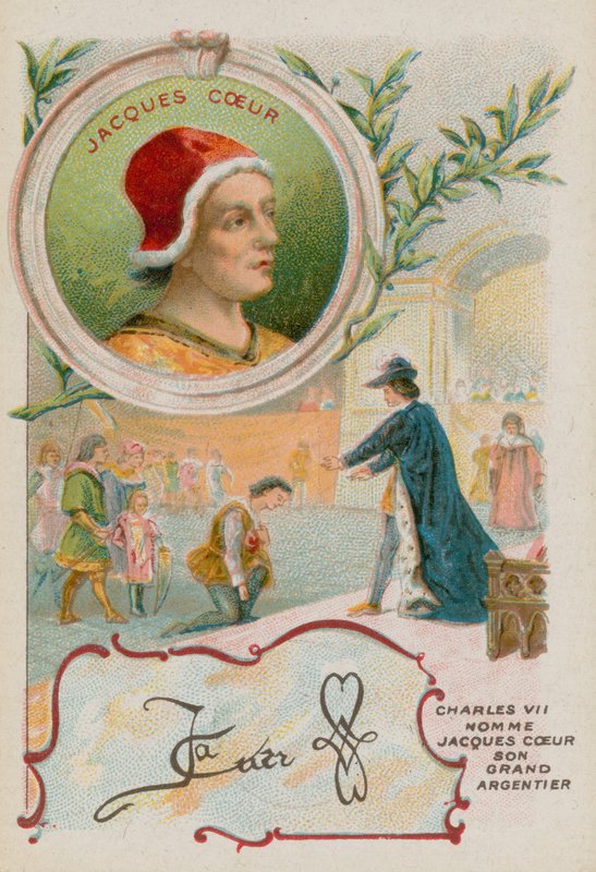 Købmand Jacques Coeur bliver mødt af kong Charles VII af French School