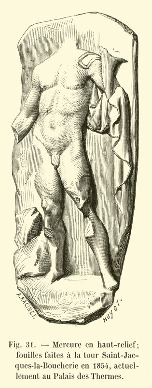 Kviksølv i høj relief; udgravninger foretaget ved Saint-Jacques-la-Boucherie-tårnet i 1854, i øjeblikket ved Palais des Thermes af French School