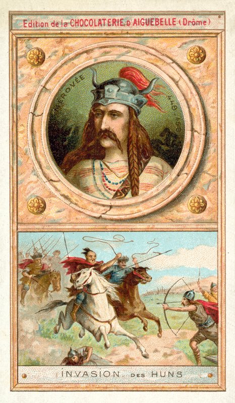 Merovech, kongen af de saliske frankere, og invasionen af hunnerne, 451 (chromolitho) af French School