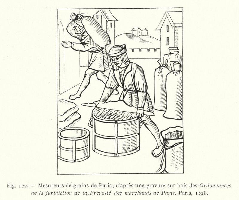 Paris Kornmålere; efter et træsnit fra Ordannances de la Jurisdiction de la Prevoste des Marchands de Paris, Paris af French School