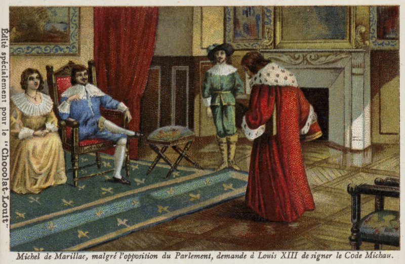 Michel de Marillac beder på trods af parlamentets modstand Ludvig XIII om at underskrive Michau-koden, der reformerer det franske retssystem, 1629 af French School