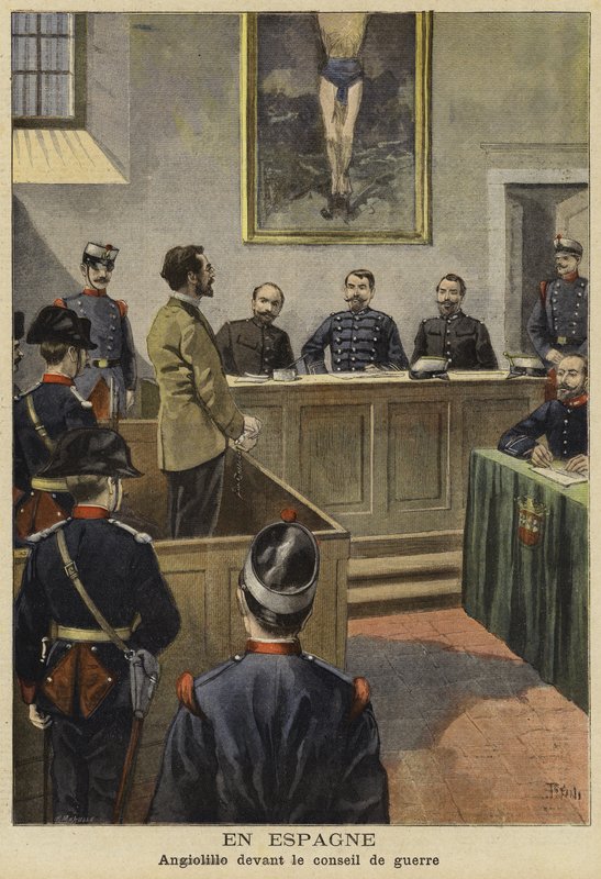 Michele Angiolillo før krigsrådet, Spanien, 1897 af French School