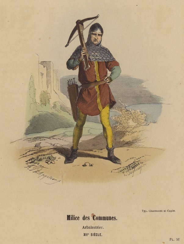Kommunernes milits, Arbalestrier, XII. århundrede (farvet indgravering) af French School