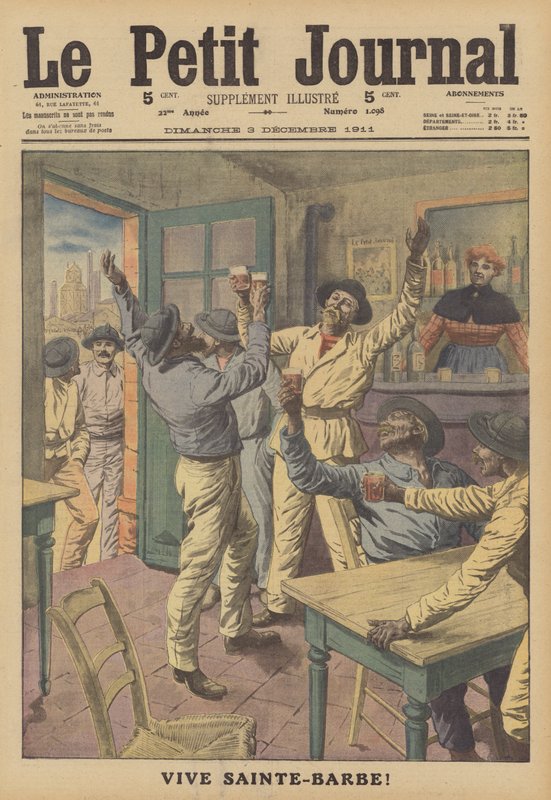 Minearbejdere drikker en skål for St. Barbara, deres skytshelgen (farve litho) af French School