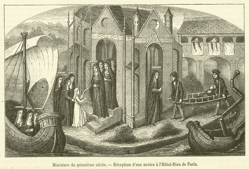 Miniature af det femtende århundrede, modtagelse af en novice på Hotel-Dieu i Paris (gravering) af French School